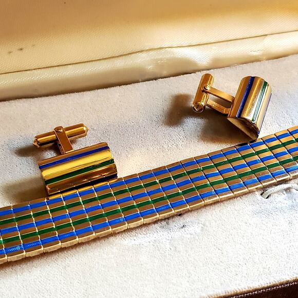 Destino Cufflinks Enamel Stripes Watch Band Retro Mens 1/20 10K Gold Filled MCM - Picture 2 of 12